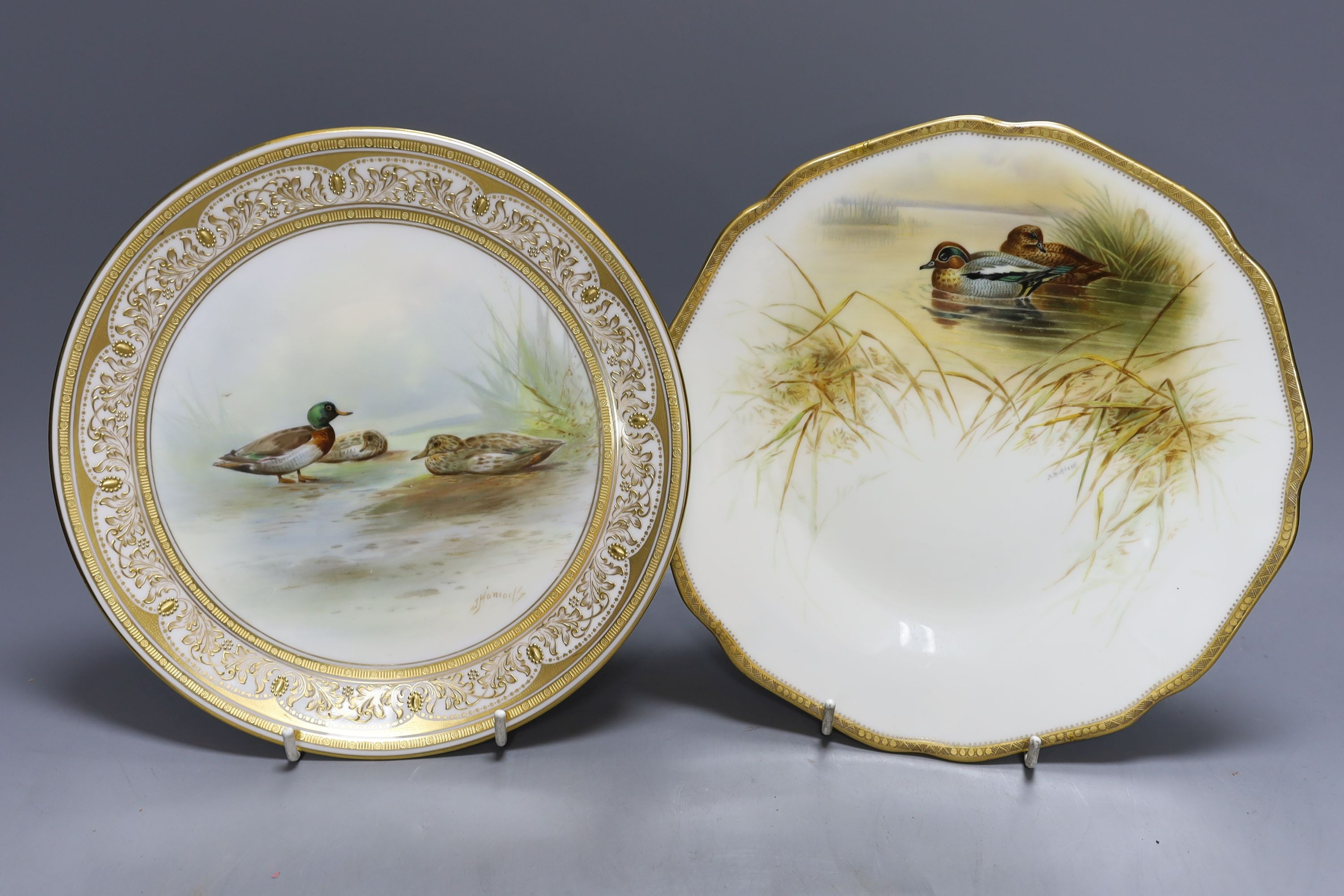 An Aynsley fish painted plate by S Micklewright, A Royal Doulton mallard or wild duck painted cabinet plate by J. Hancock and a Cauldon duck painted plate by D. Birkbeck (3)